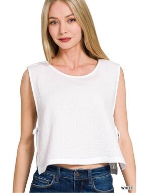 Zenana Outfitters Double Gauze White Sleeveless Side-Tie Cropped Tank